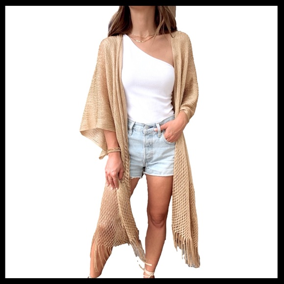 BOUTIQUE  Metallic Net Fringed Cover Up, Tassel Semi Sheer - Picture 3 of 8